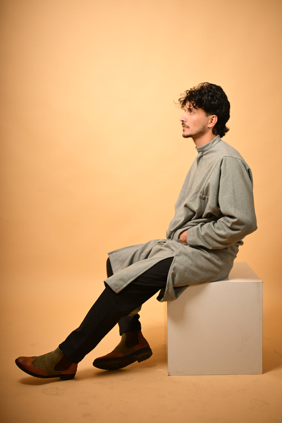 Light Green Dotted winter Pheran for men 
