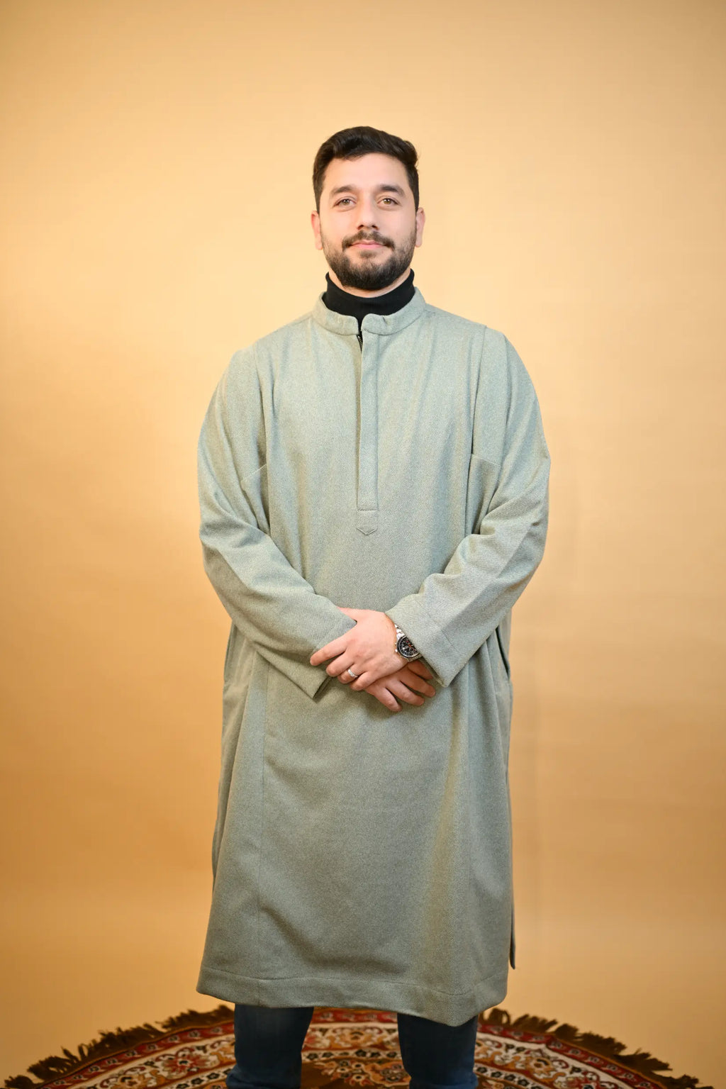 baraqah green herringbone winter pheran for men 