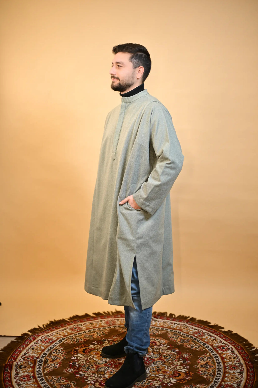 baraqah green herringbone winter pheran for men 