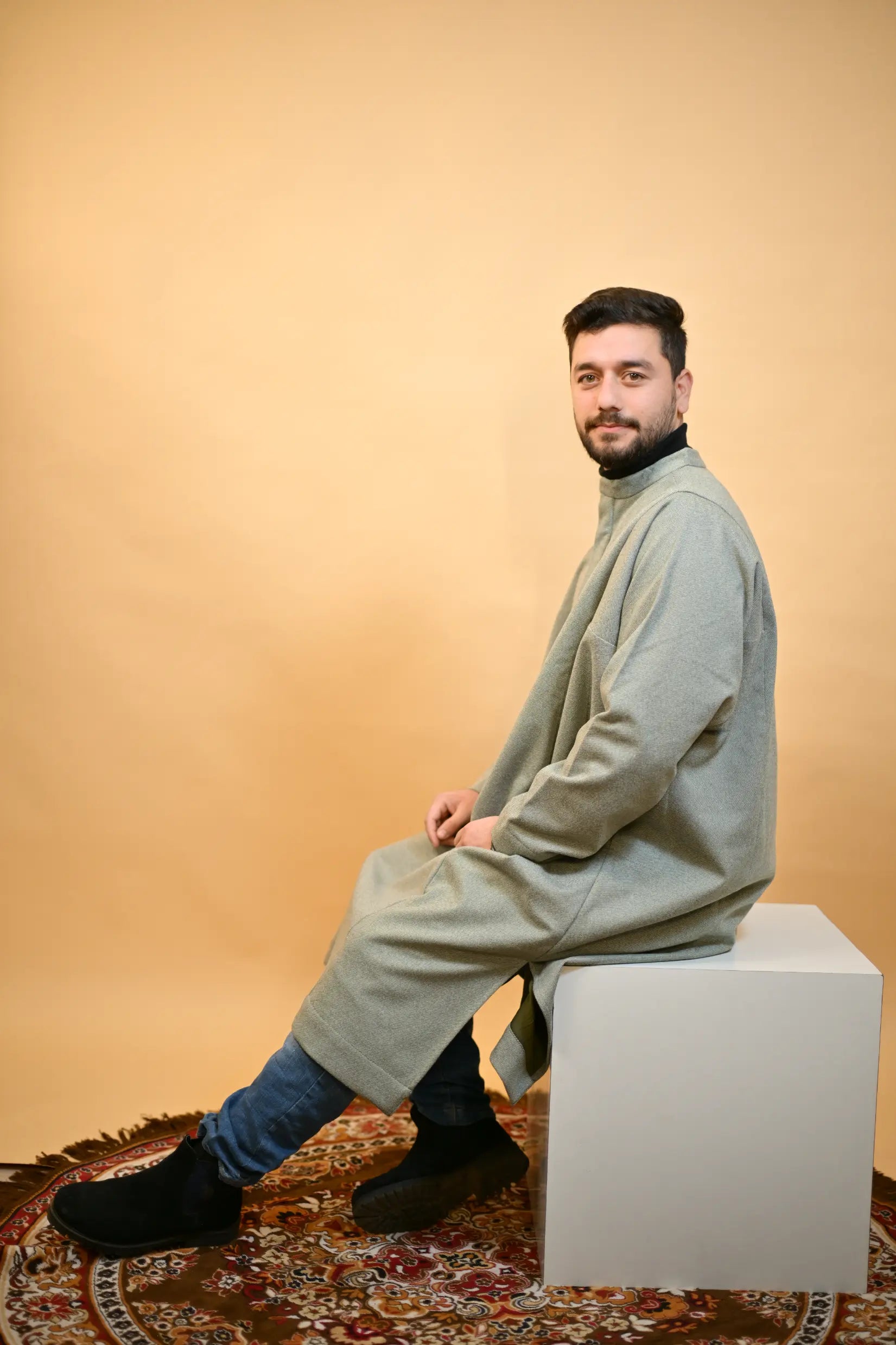 baraqah green herringbone winter pheran for men 