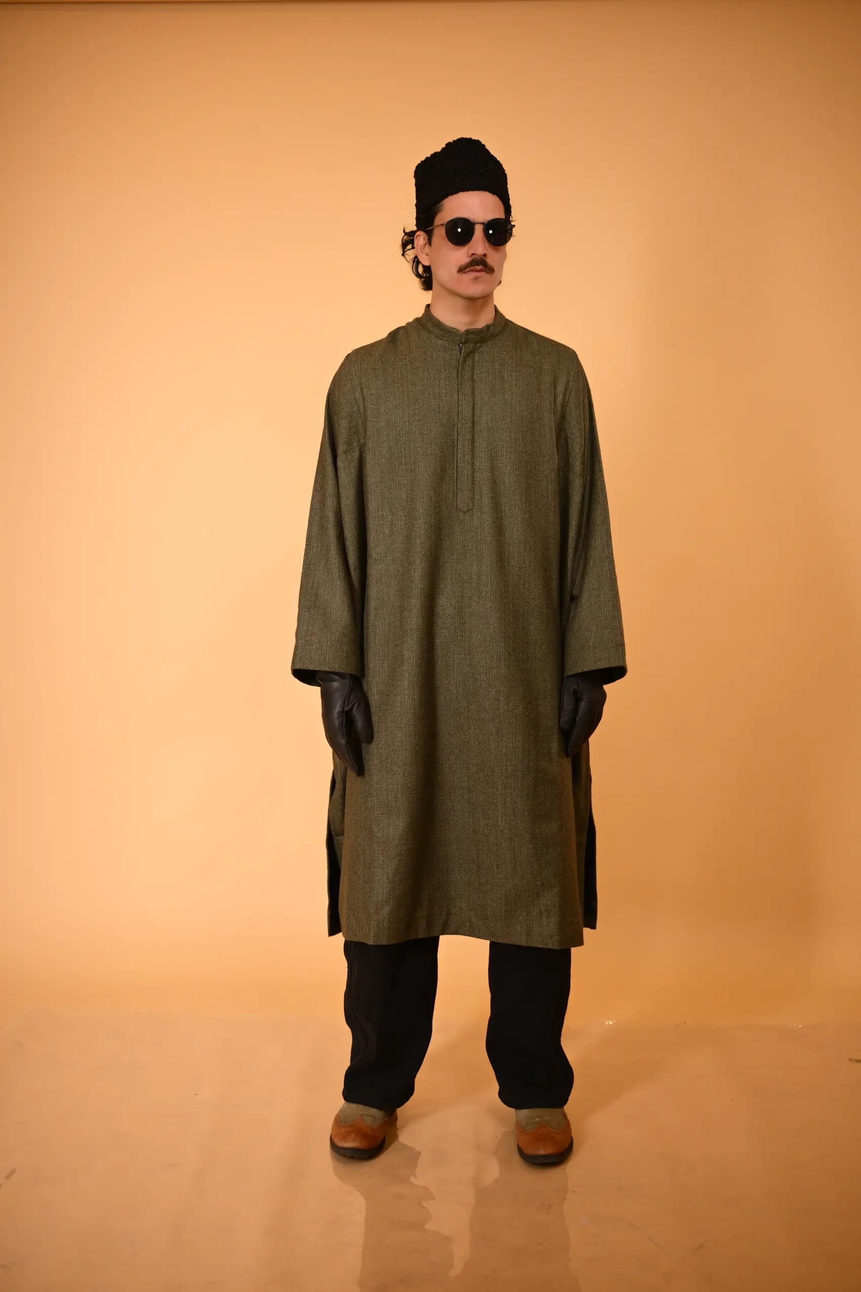 baraqah green micro check gents winter pheran 