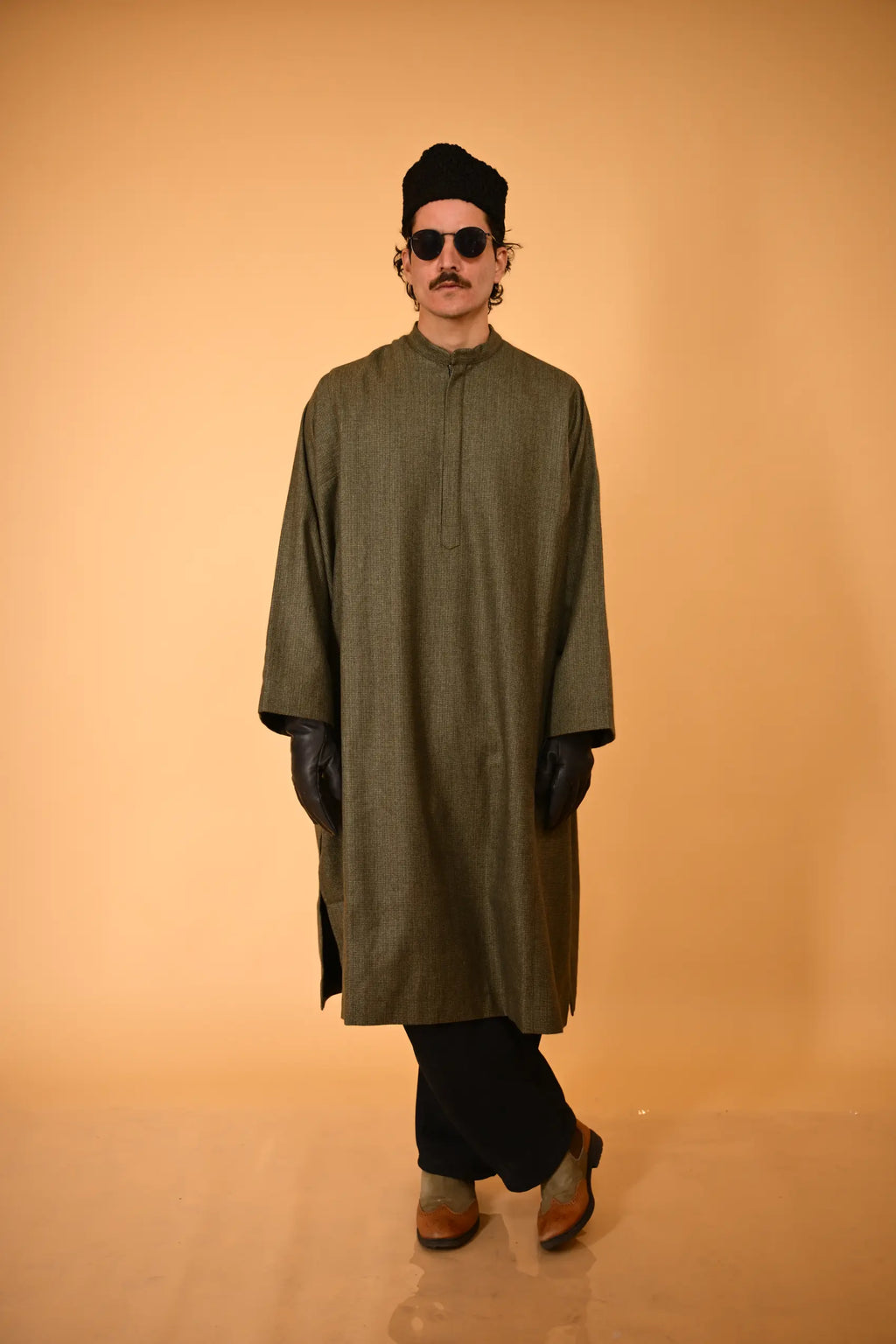 baraqah green micro check gents winter pheran 