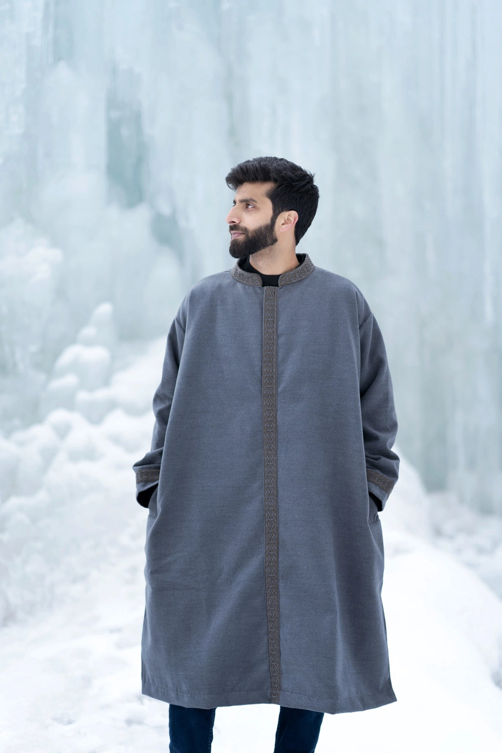 Light Grey Embroidered Closed Overcoat | Not A Pheran