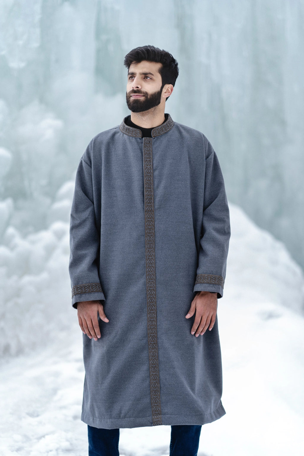 Light Grey Embroidered Closed Overcoat | Not A Pheran