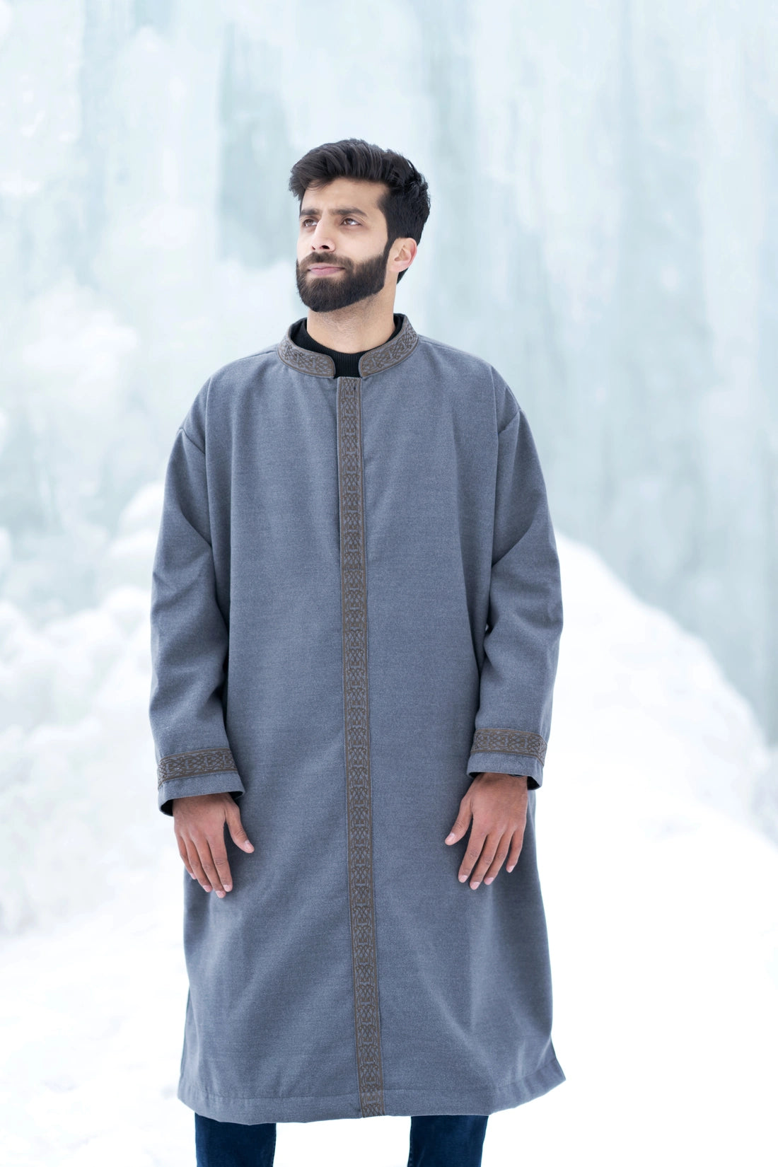 Light Grey Embroidered Closed Overcoat | Not A Pheran