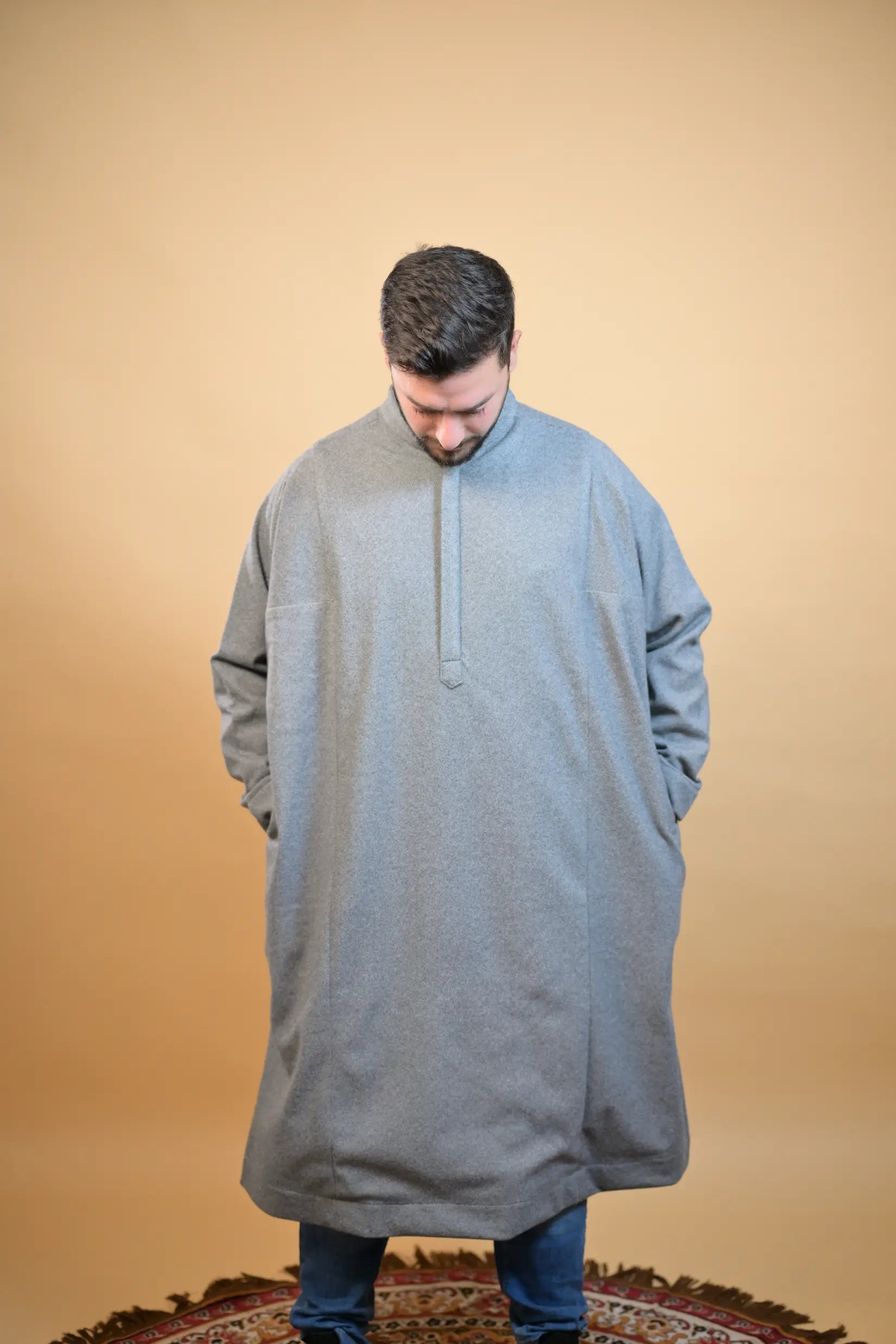 baraqah grey herringbone winter pheran for men 
