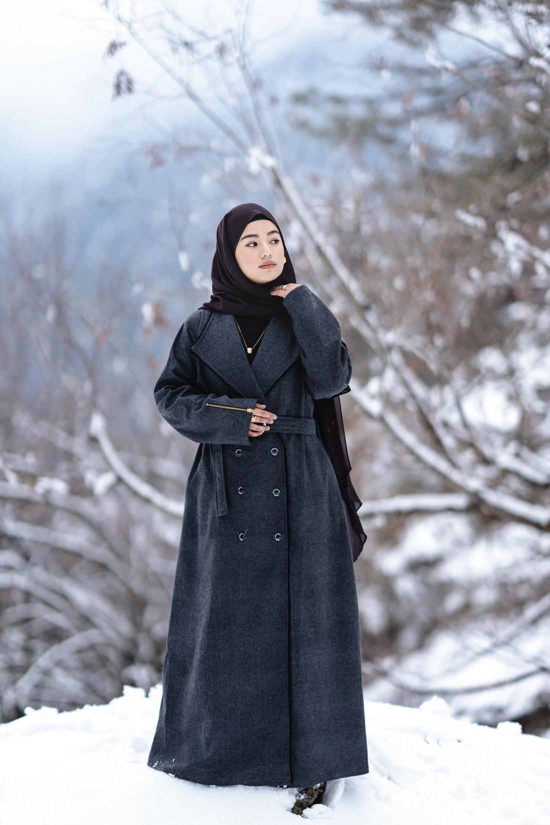 Grey Herringbone Coat Style Winter Abaya