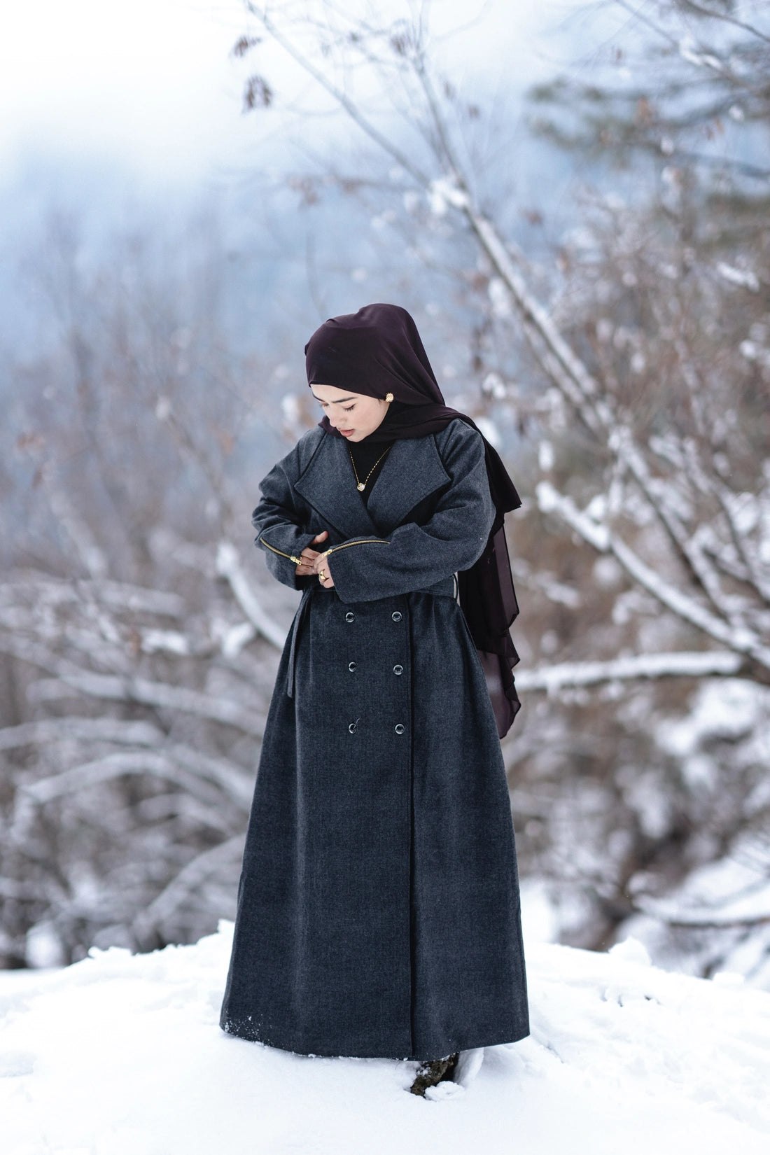 Grey Herringbone Coat Style Winter Abaya