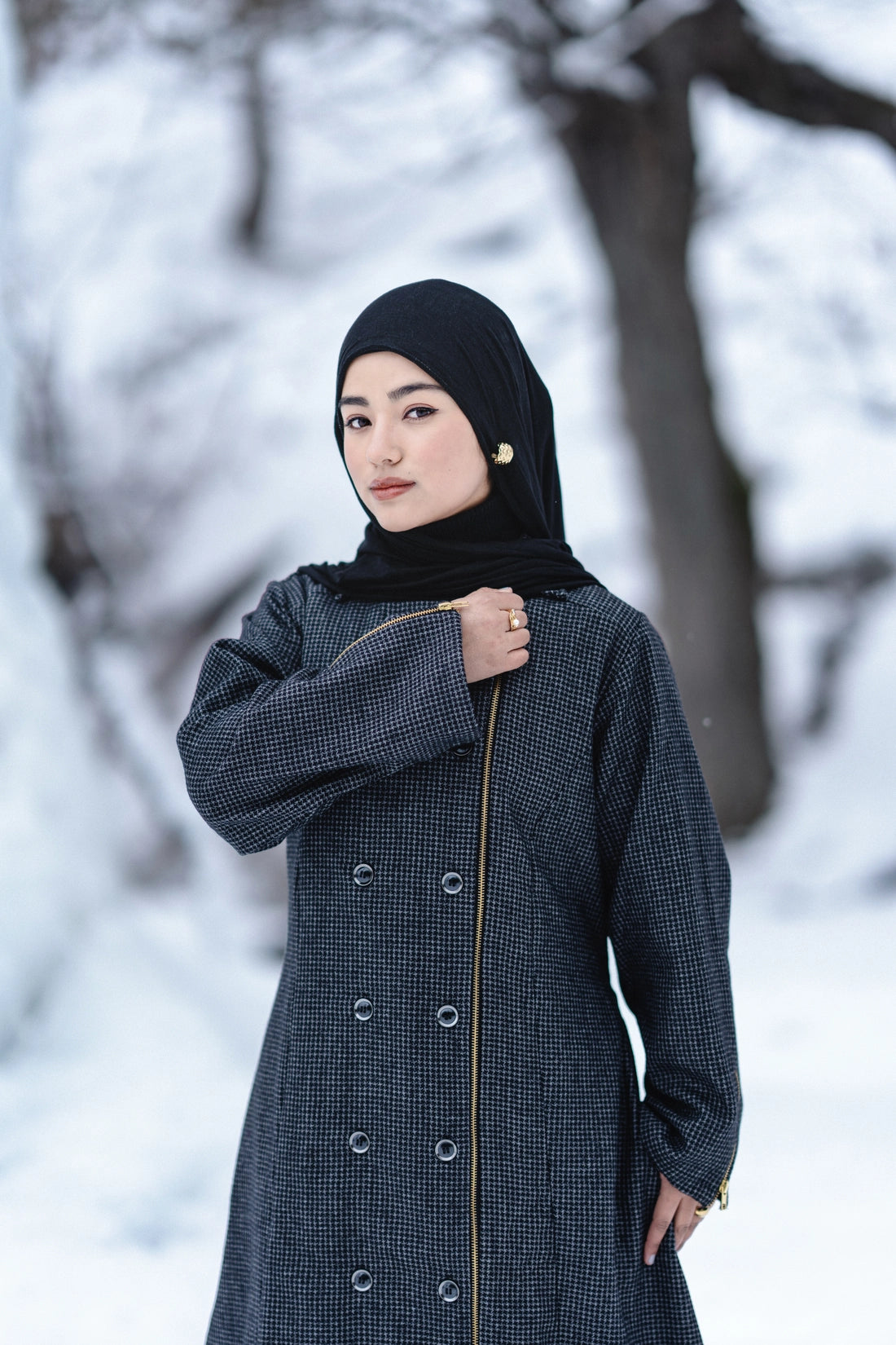 Grey Houndstooth Coat Style Winter Abaya