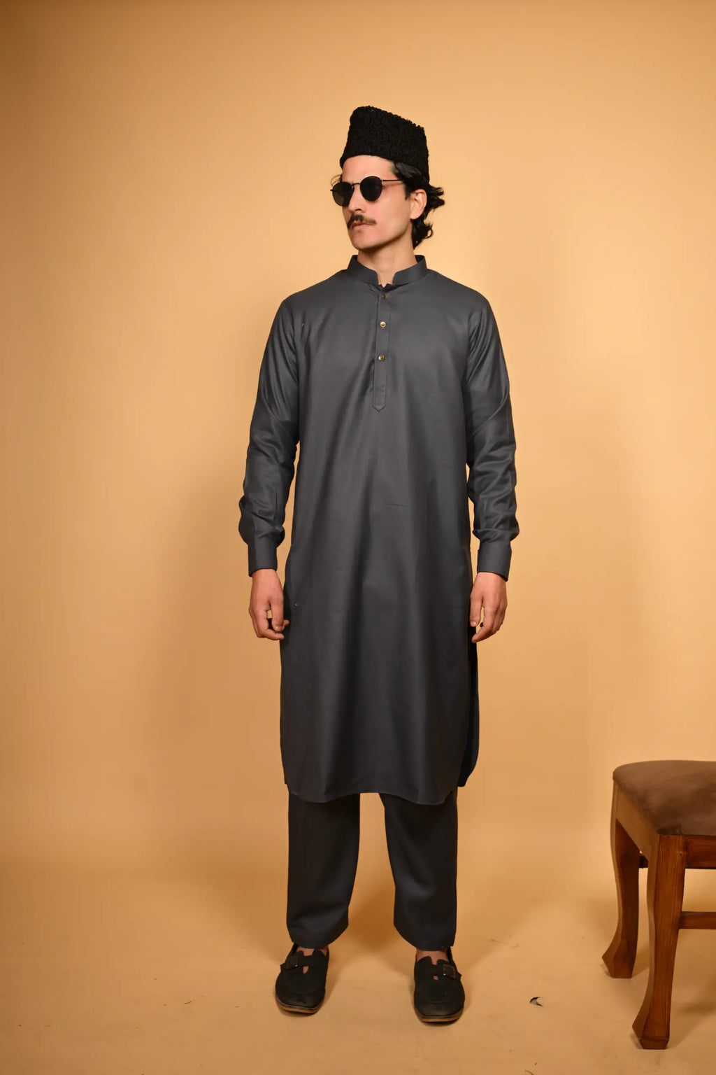 Pathan Greyish Blue Kameez Shalwar