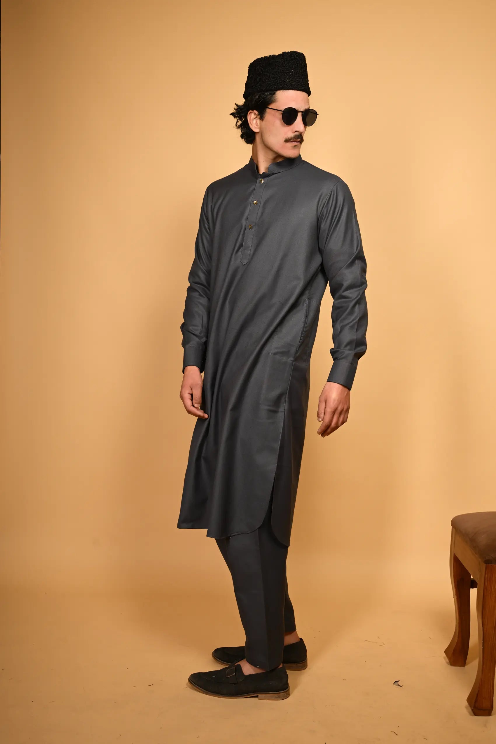 Pathan Greyish Blue Kameez Shalwar
