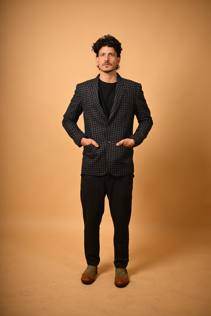 Black with White Micro Check Woollen Blazer