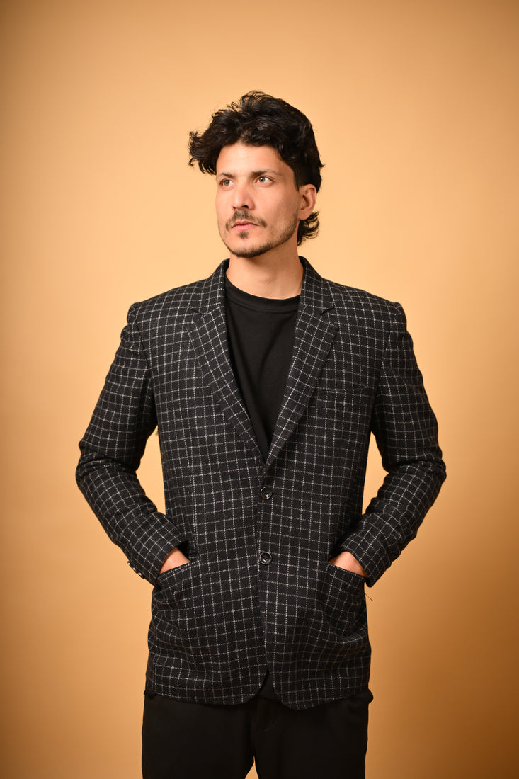 Black with White Micro Check Woollen Blazer
