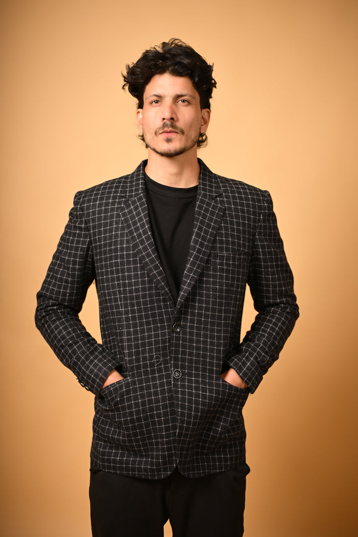 Black with White Micro Check Woollen Blazer