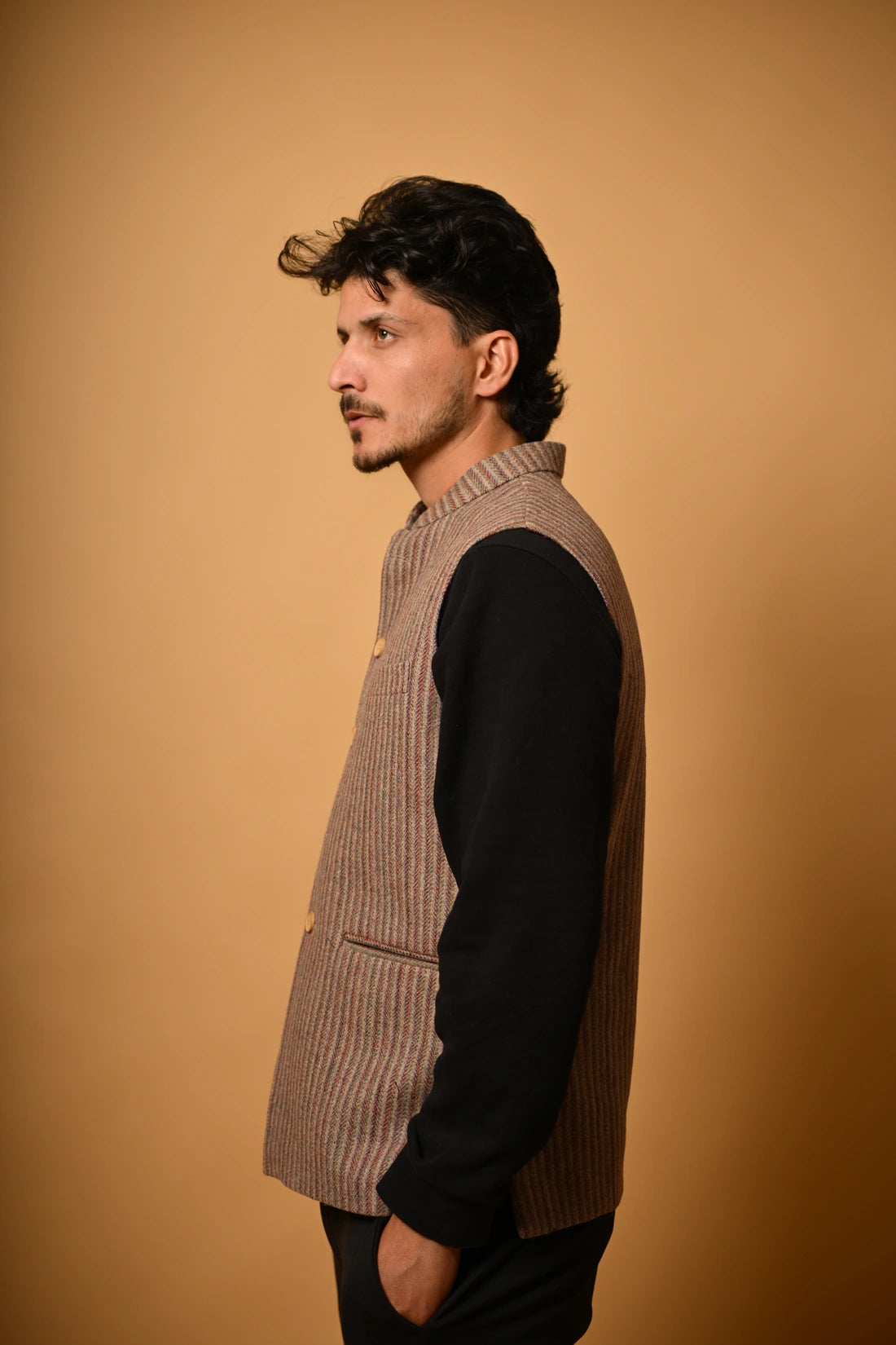 Warm Beige with Brown Pinstripes Woollen Waistcoat