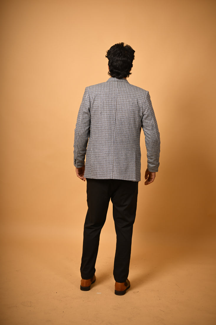 Sky Blue With Black Mini Check  Woollen Blazer
