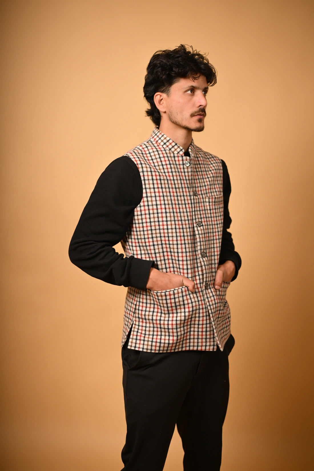 Cream Base with Red & Black Checks  Woollen Waistcoat