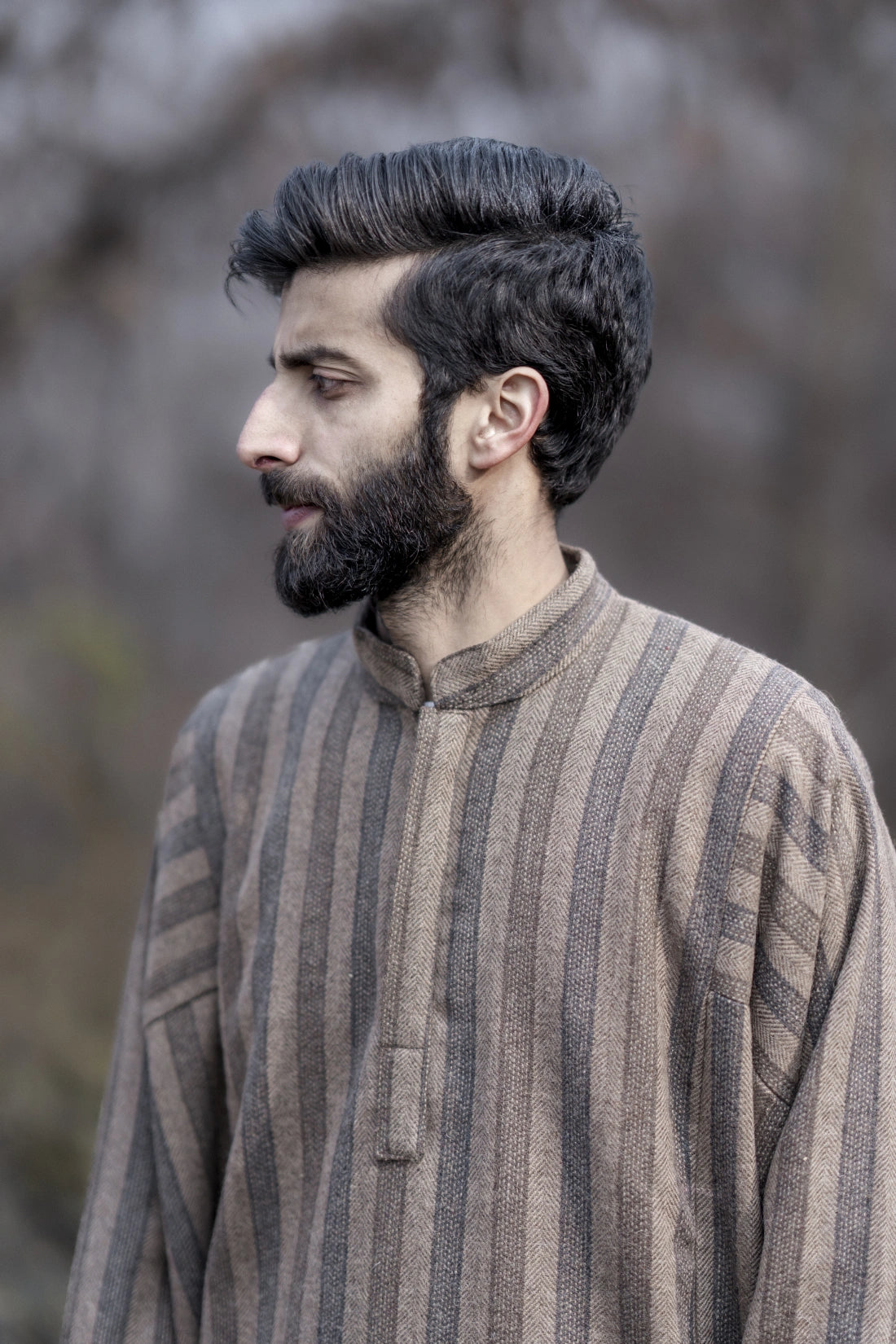 baraqah stripped herringbone brown winter pheran for men