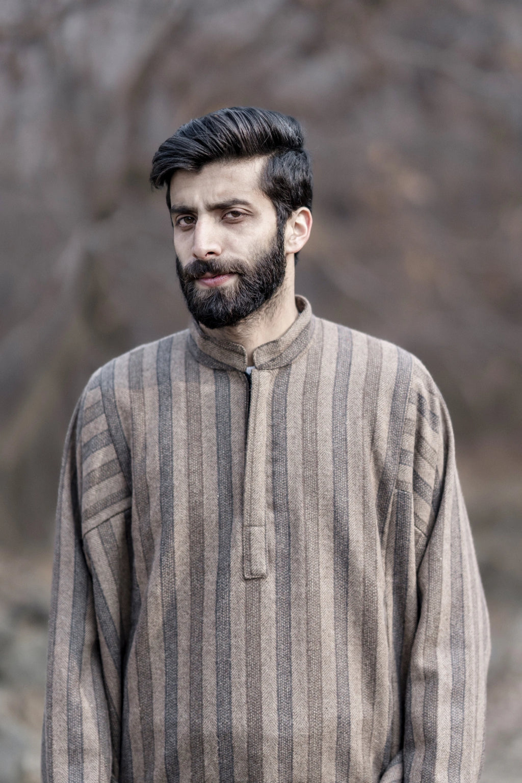baraqah stripped herringbone brown winter pheran for men