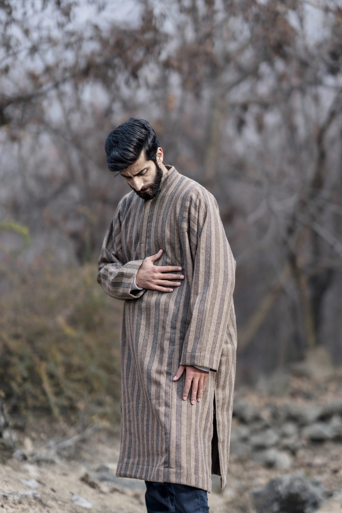 baraqah stripped herringbone brown winter pheran for men