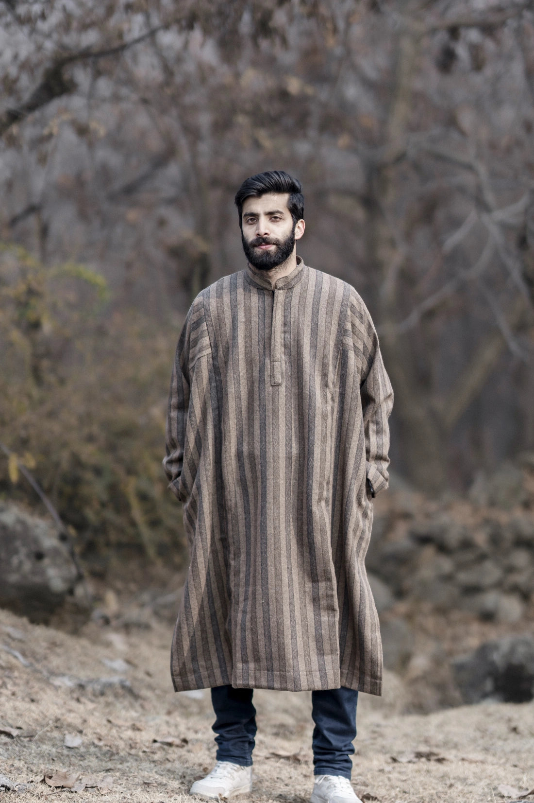 baraqah stripped herringbone brown winter pheran for men