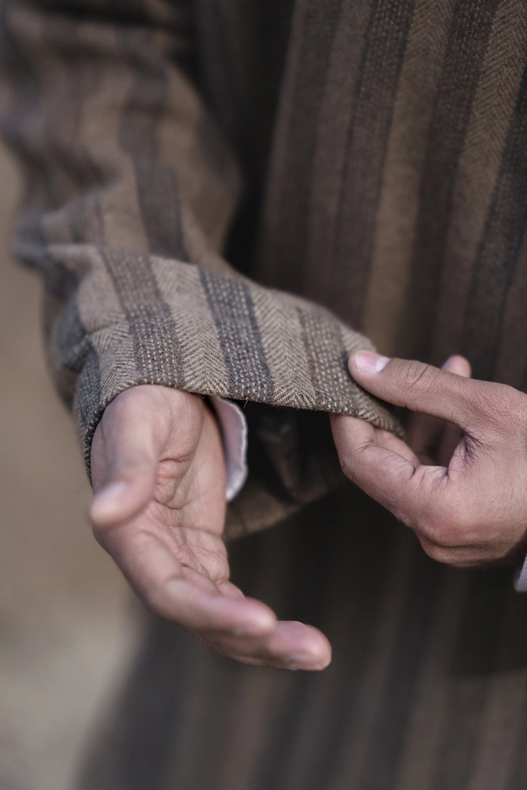 baraqah stripped herringbone brown winter pheran for men