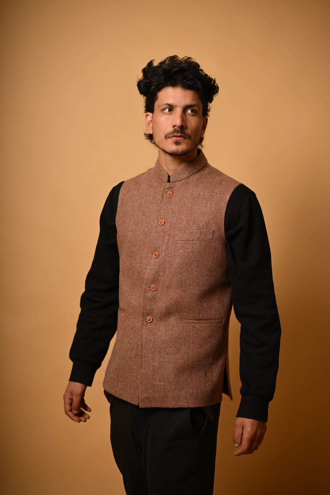 Soft Camel Brown Herringbone Woollen  Waistcoat