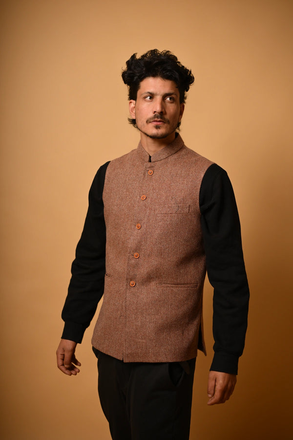 Soft Camel Brown Herringbone Woollen  Waistcoat
