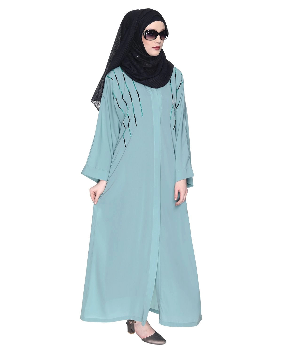 Sage Green Four Line Hand Embroidered Abaya