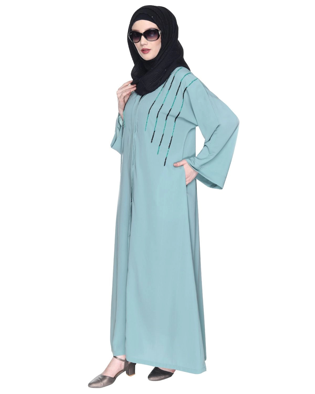 Sage Green Four Line Hand Embroidered Abaya