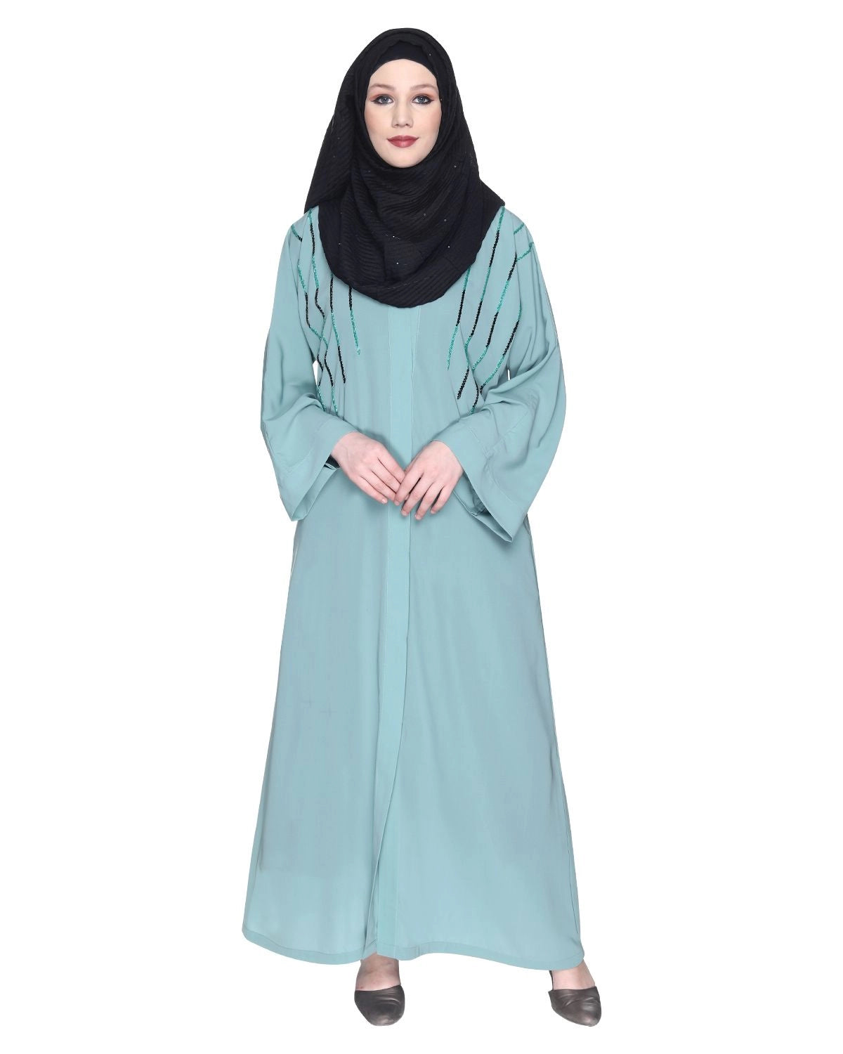 Sage Green Four Line Hand Embroidered Abaya