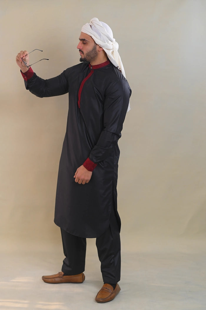 black embrioded men premium kurta pajama