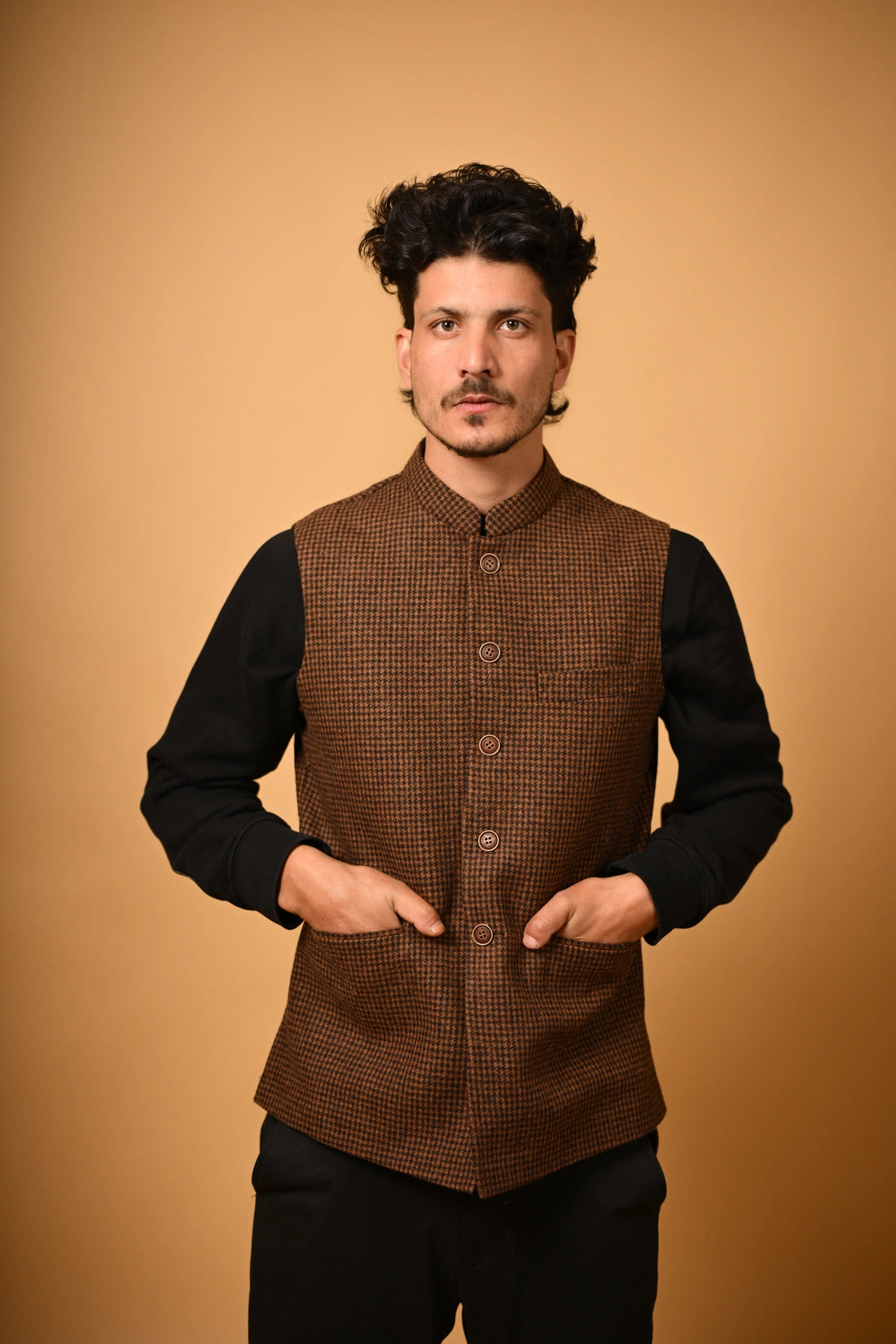 Coffee Brown Houndstooth Woollen Waistcoat for men 
