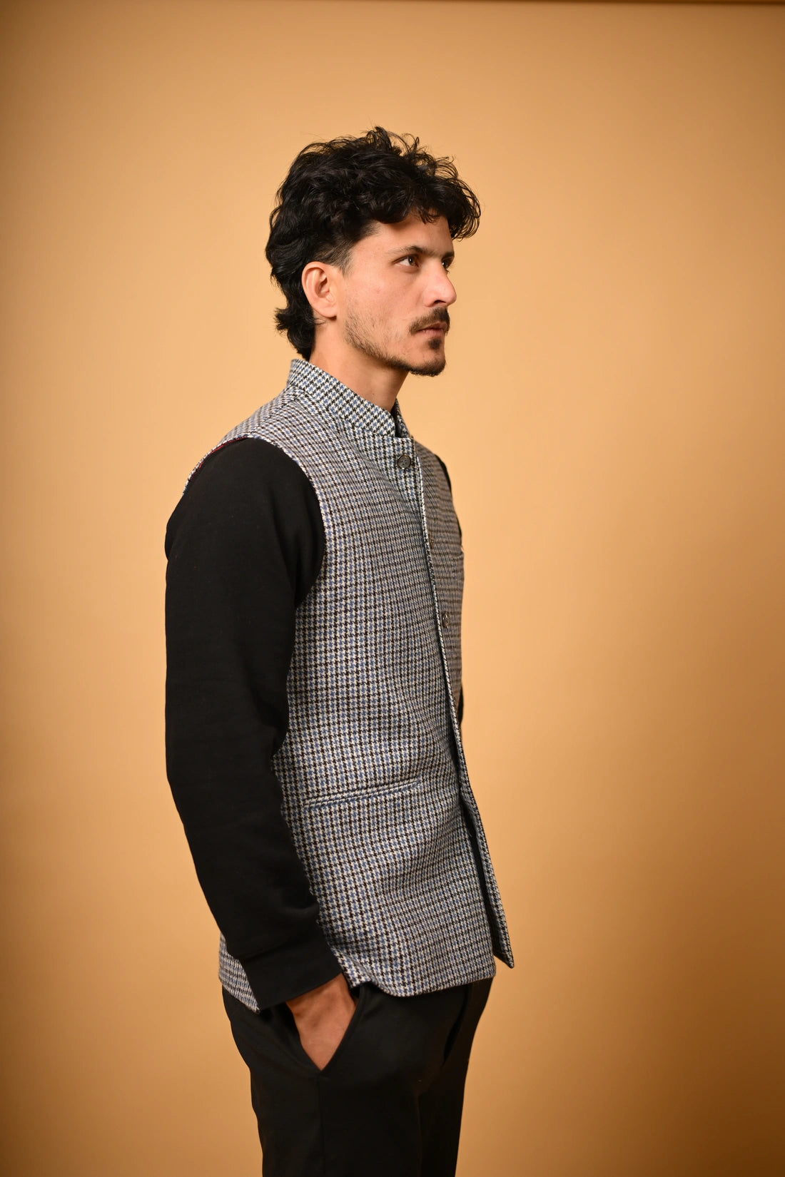 Sky Blue With Black Mini Check Woollen Waistcoat