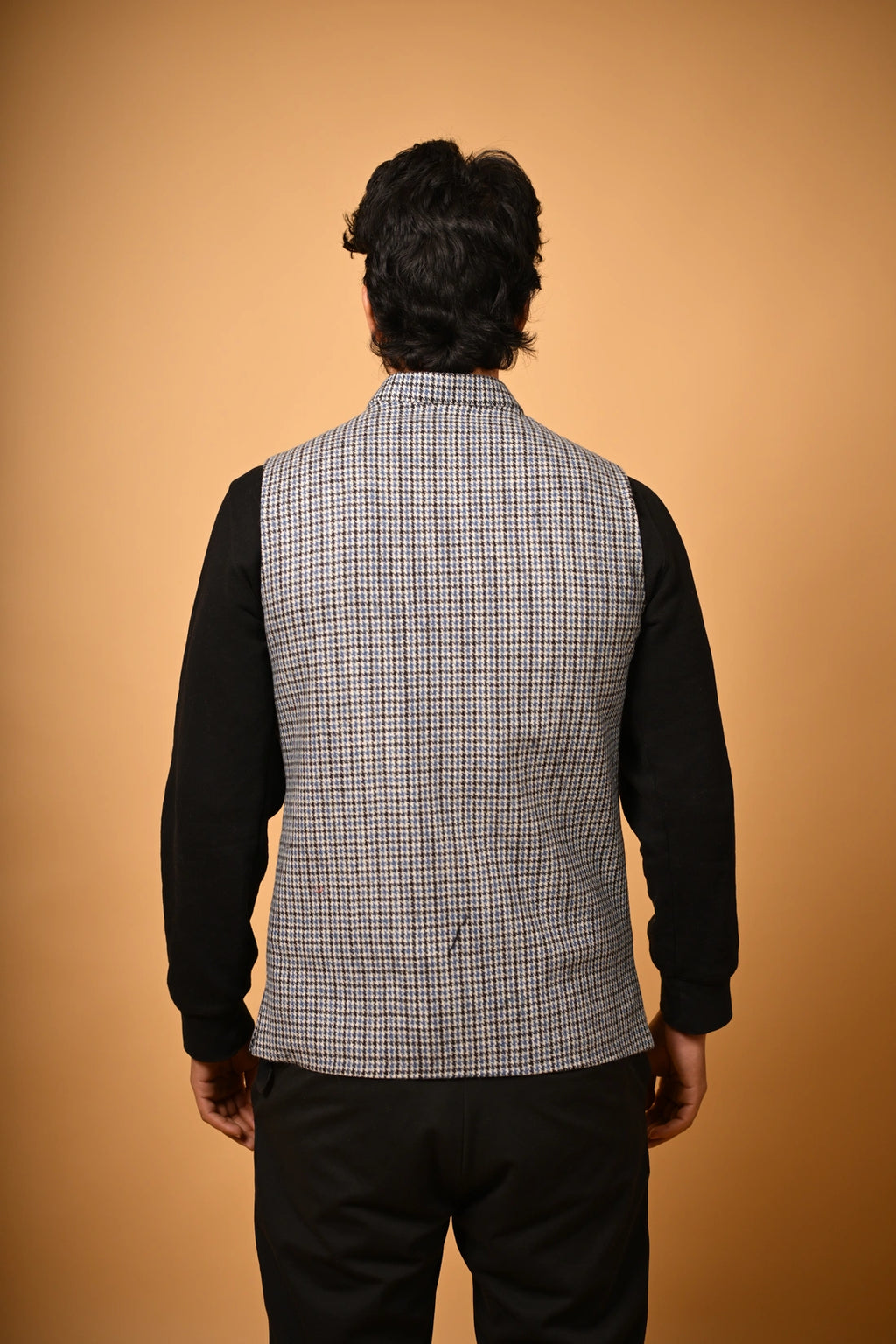 Sky Blue With Black Mini Check Woollen Waistcoat