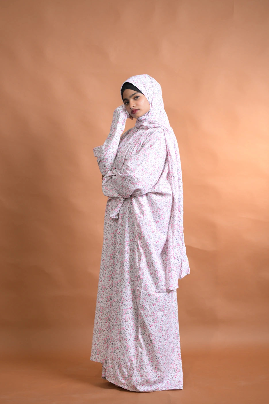 White & Pink Floral Abaya