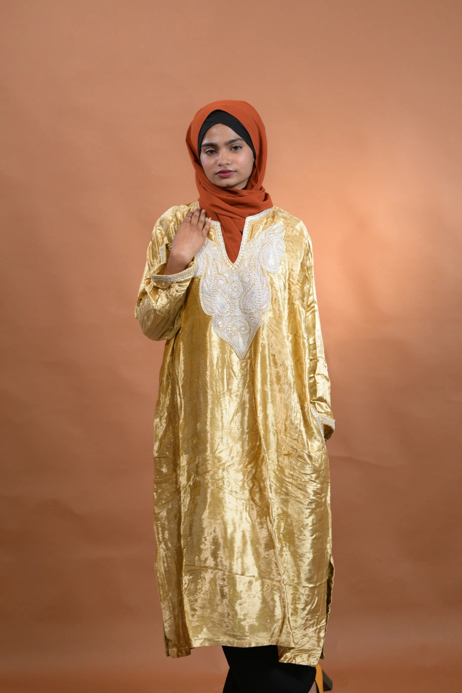 Golden Velvet Kashmiri Pheran For Females