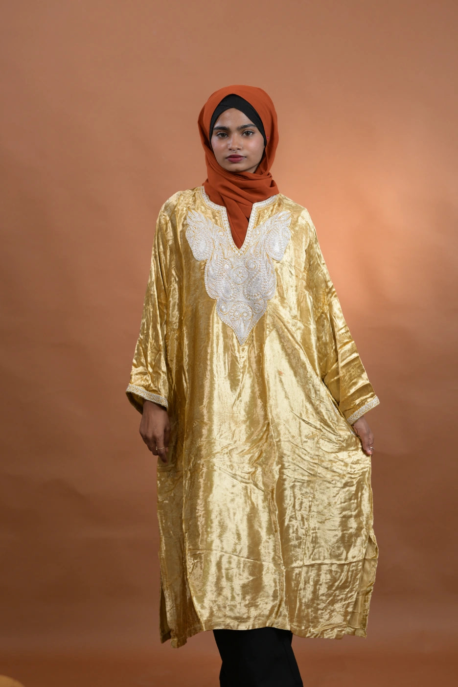 Golden Velvet Kashmiri Pheran For Females