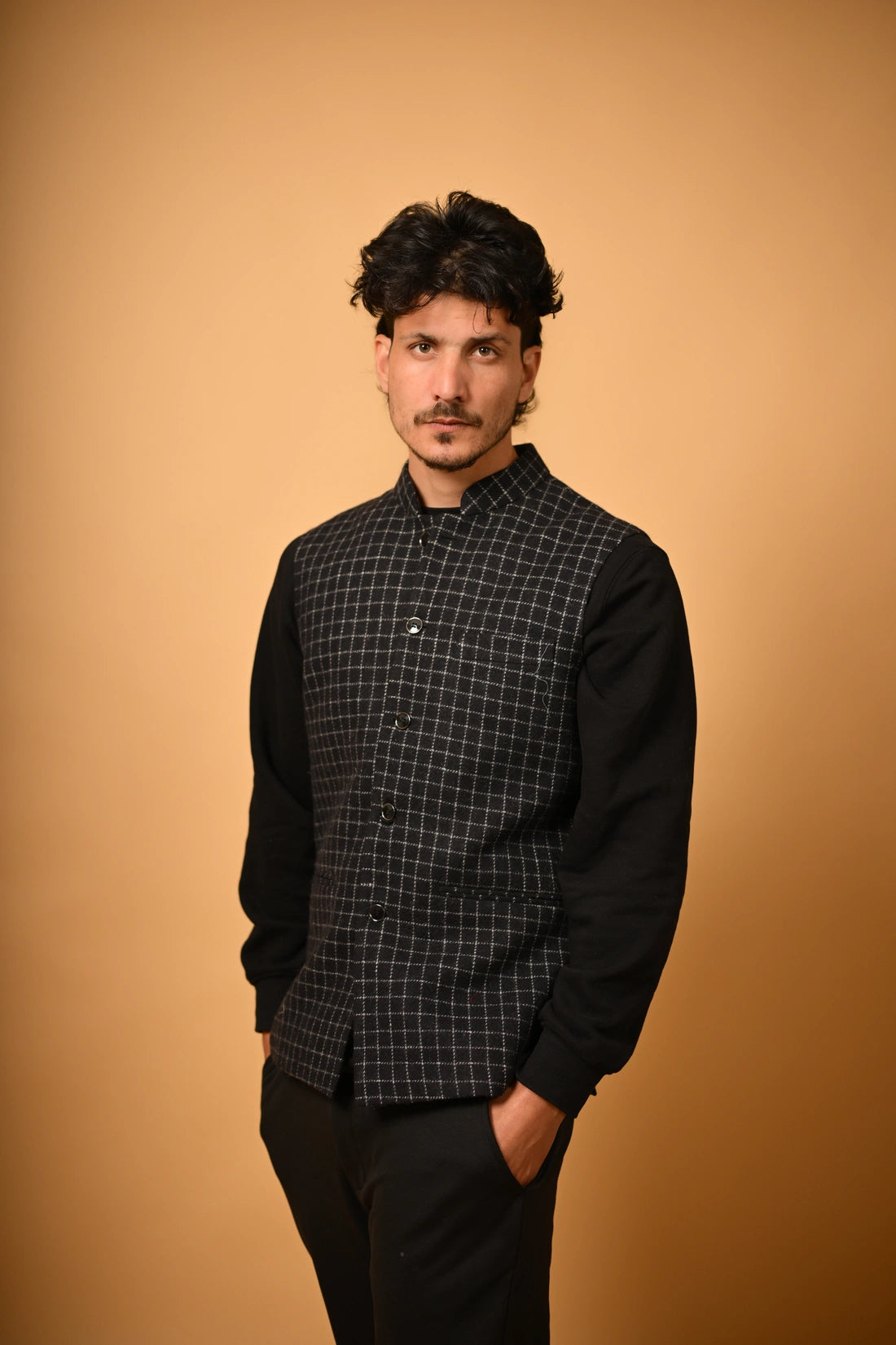 Black with White Micro Check Woollen Waistcoat