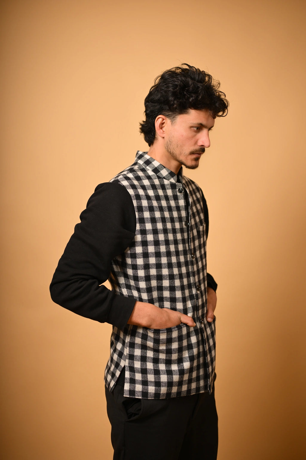 Black With White Bold Check Woollen Waistcoat
