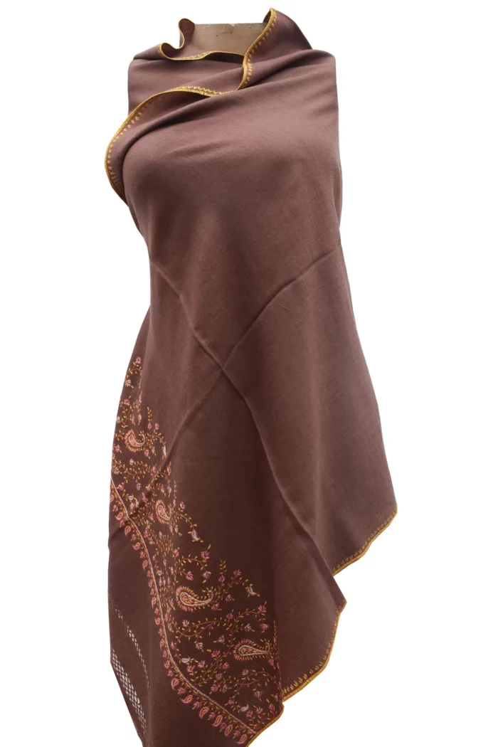 brown color woolen stole with embroidery for women
