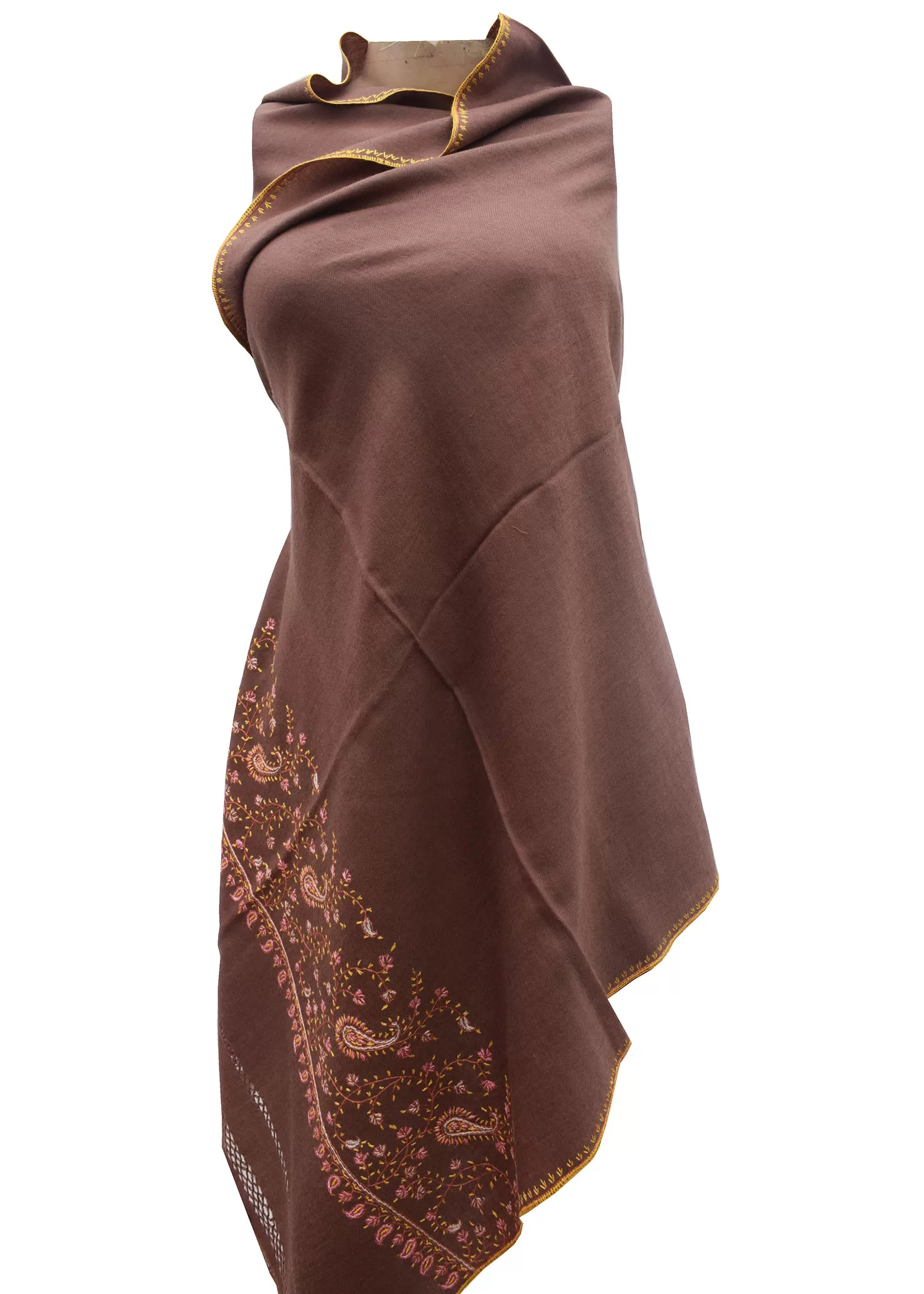 brown color woolen stole with embroidery for women