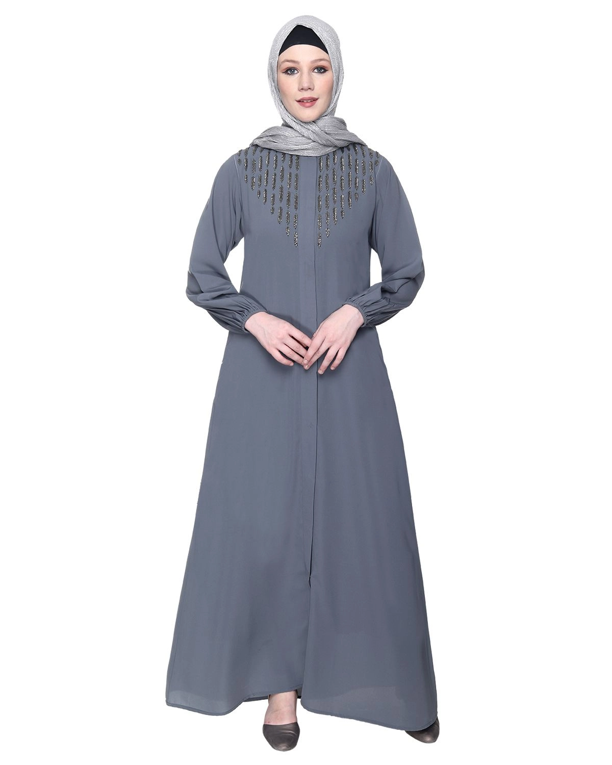 grey embroidered abaya for women