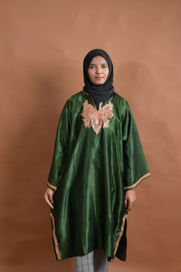 green silk kashmiri phiran for women